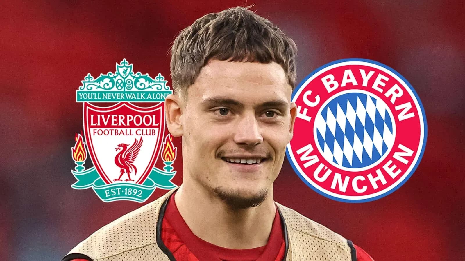 Jugador sonriendo con logotipos de Liverpool y Bayern