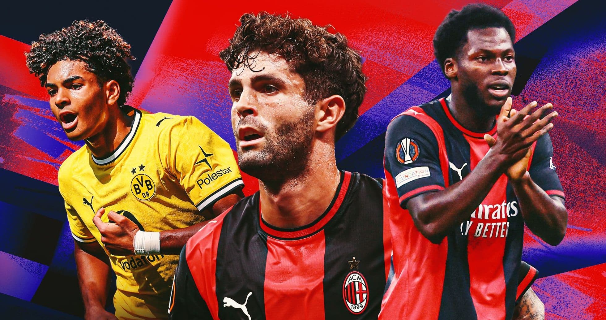 Tres jugadores de fútbol en fondo colorido