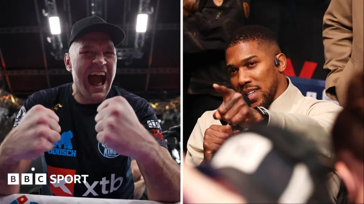 Tyson Fury celebrating, Anthony Joshua pointing in audience