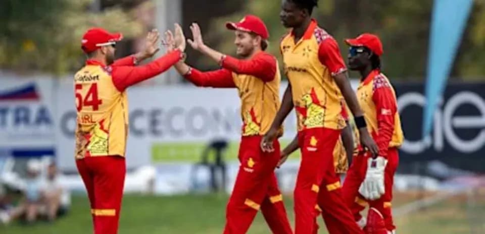 Jugadores celebrando un wicket en el campo de cricket