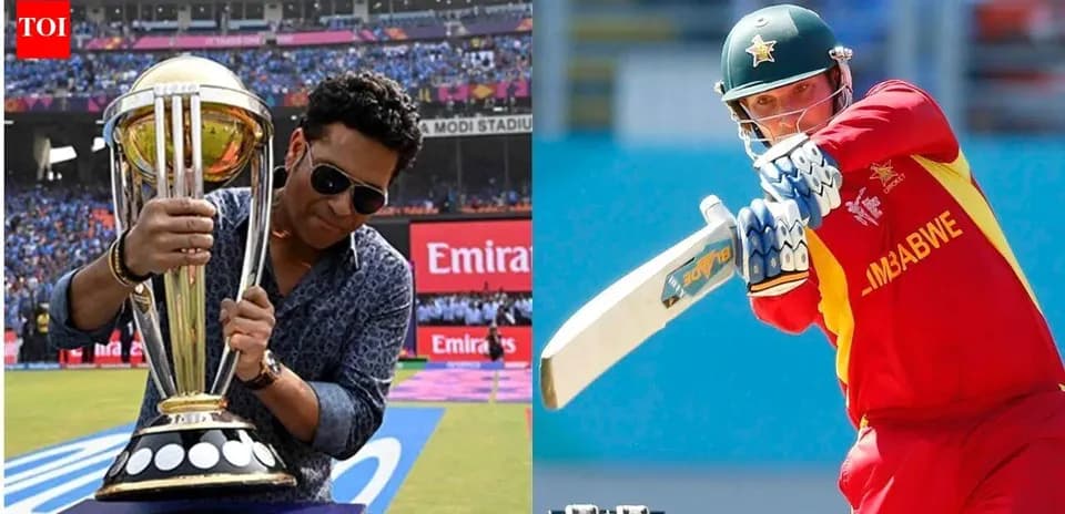 Sachin Tendulkar holding a trophy and player batting