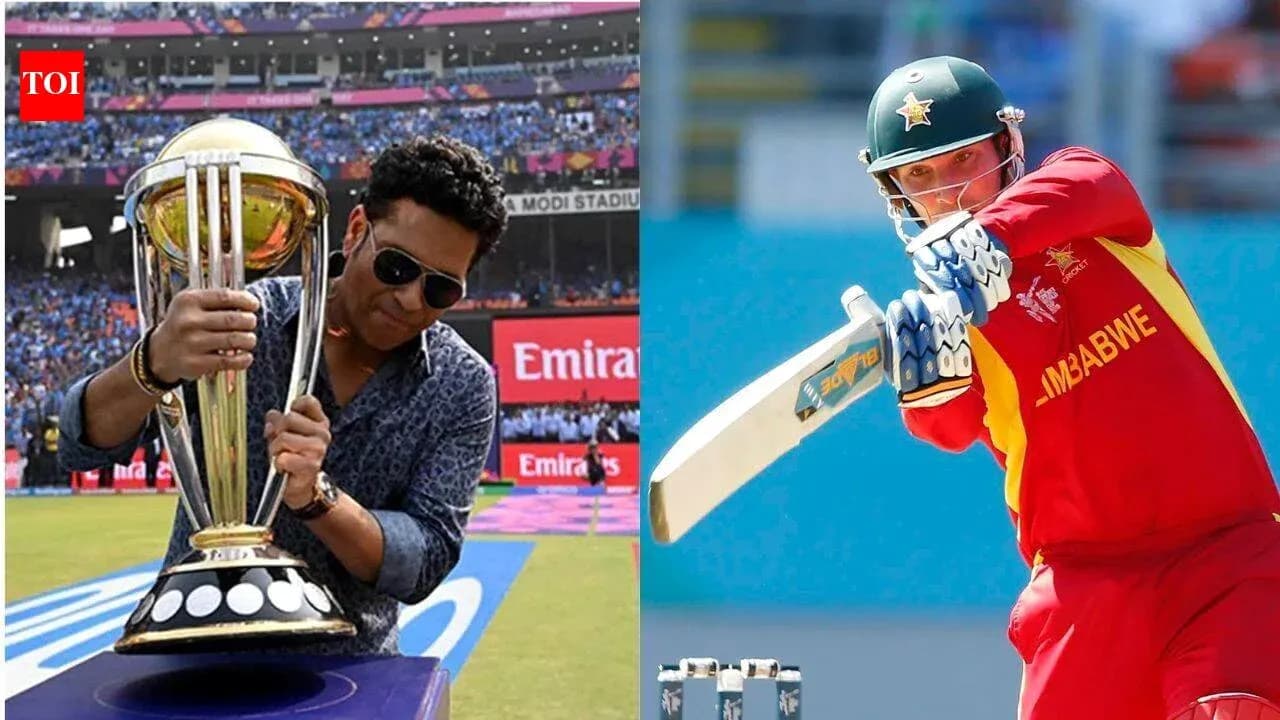 Sachin Tendulkar holding a trophy and player batting
