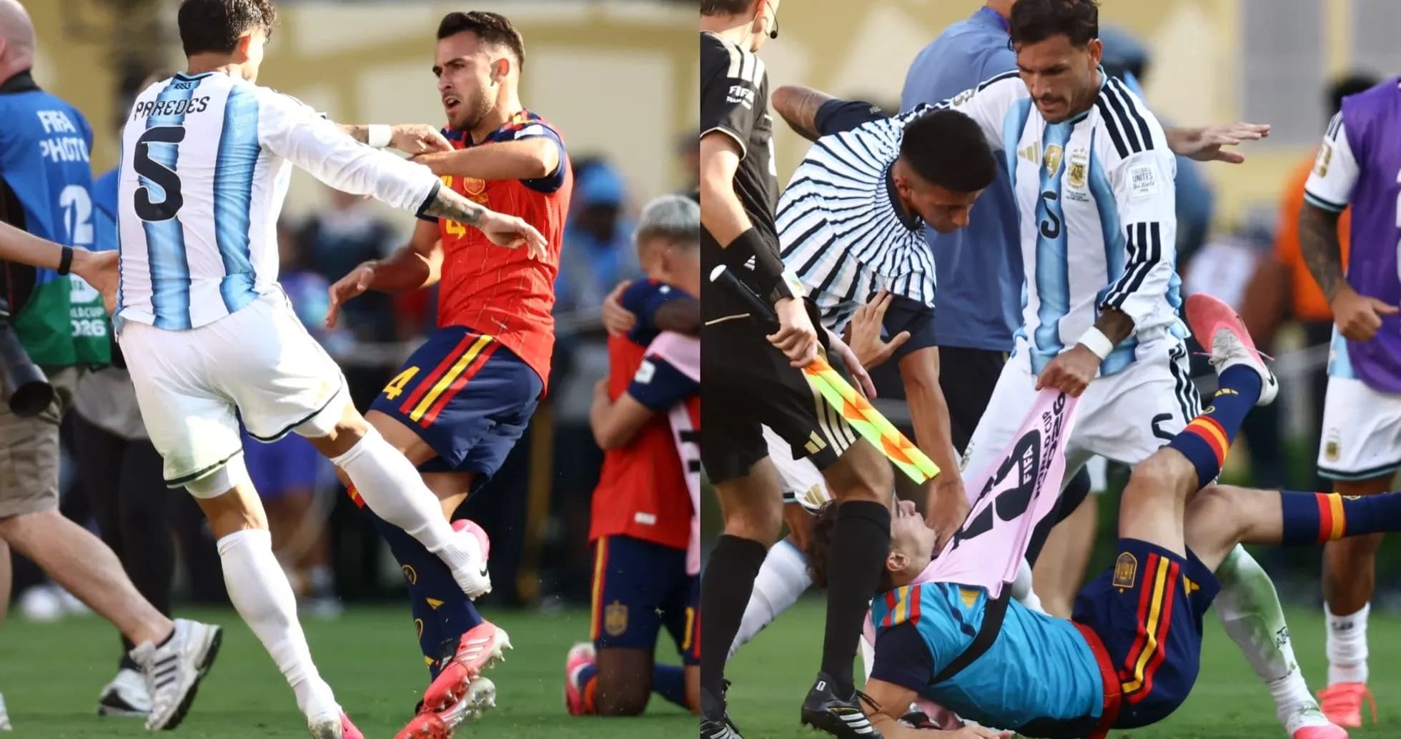 Jugadores de Argentina y España en confrontación durante partido