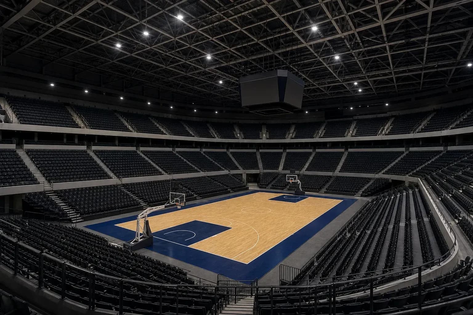 Cancha de baloncesto vacía en estadio moderno