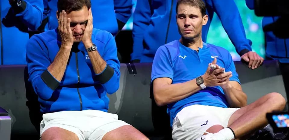 Roger Federer y Rafael Nadal en conferencia, ambos visiblemente emocionados