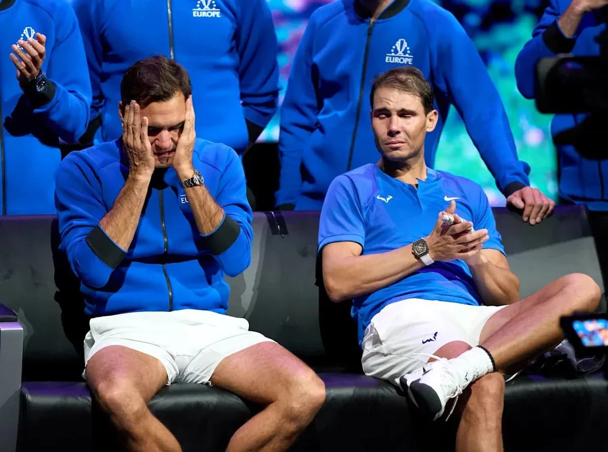 Roger Federer y Rafael Nadal en conferencia, ambos visiblemente emocionados