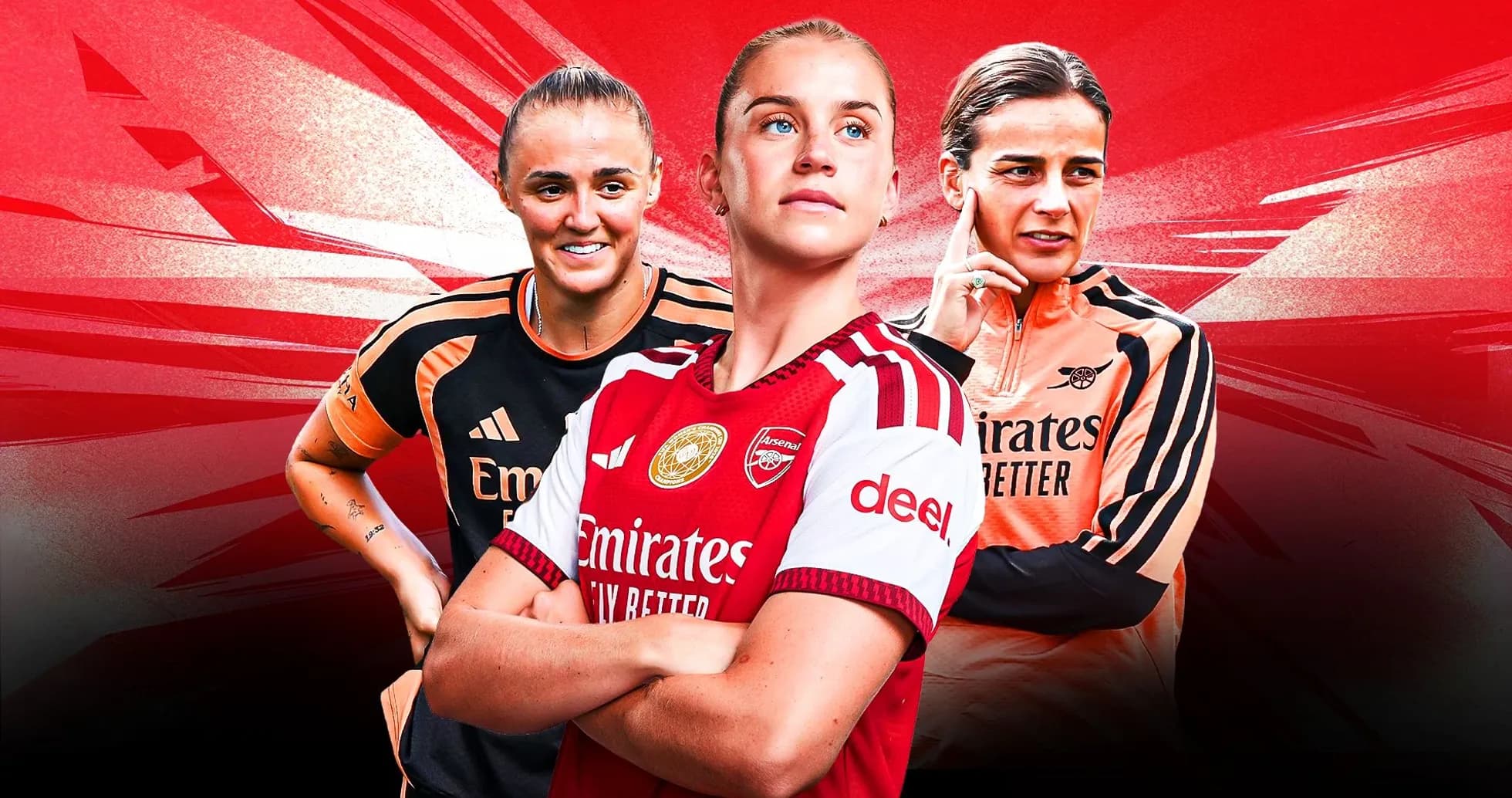 Tres jugadoras de Arsenal posando en uniforme