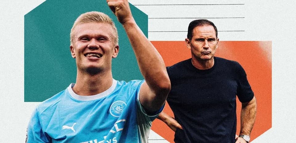 Erling Haaland y entrenador en fondo colorido