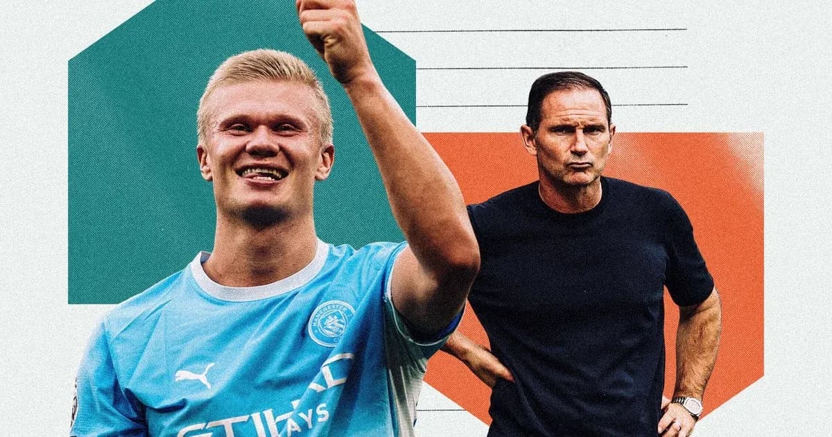 Erling Haaland y entrenador en fondo colorido
