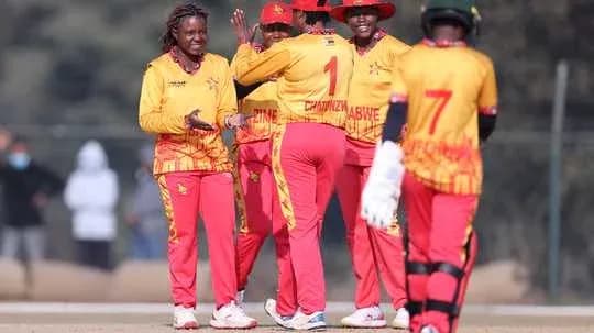 Jugadores de Zimbabwe celebrando un wicket en cricket