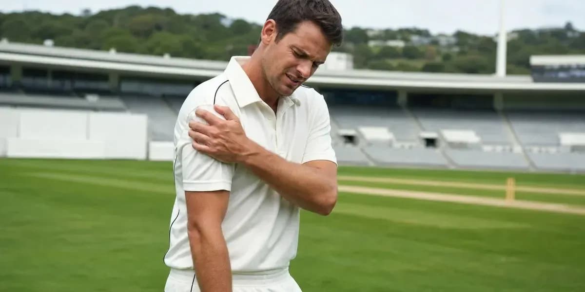 Jugador de cricket sujetando su hombro en el campo