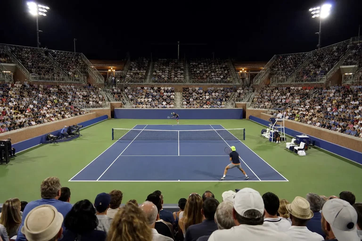 Partido de tenis bajo las luces con espectadores