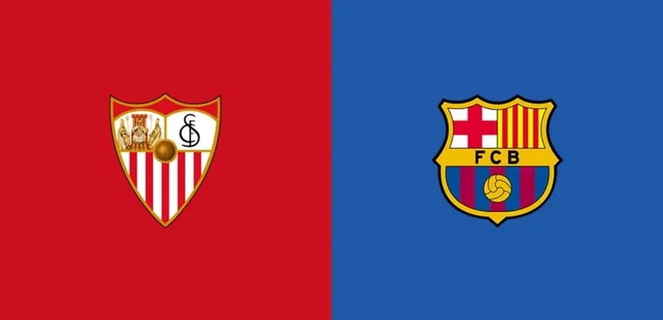 Escudos de Sevilla y Barcelona sobre fondo colorido