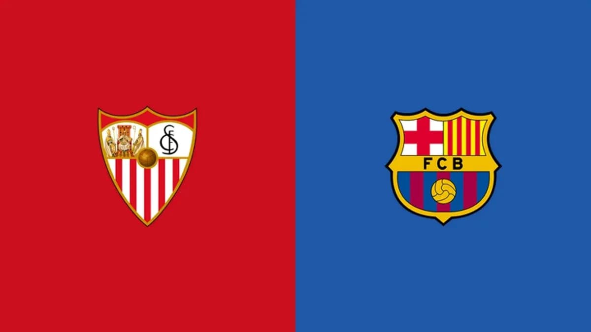 Escudos de Sevilla y Barcelona sobre fondo colorido