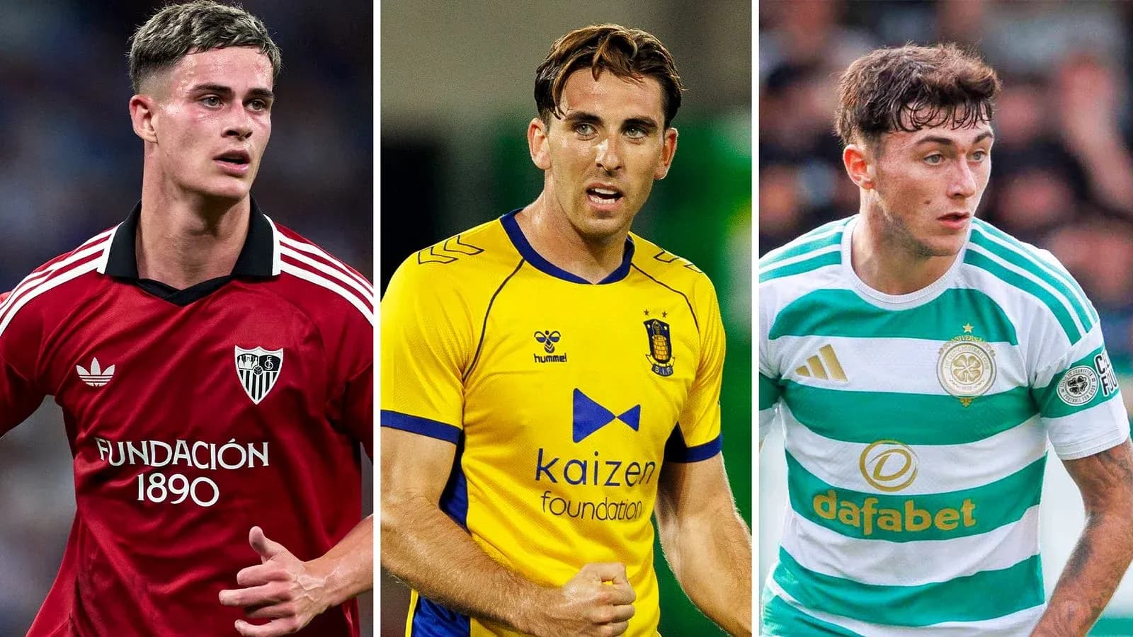 Tres futbolistas en sus respectivas camisetas de equipo