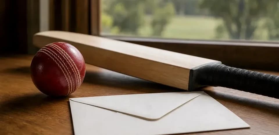 Bate de cricket, pelota y sobre en mesa