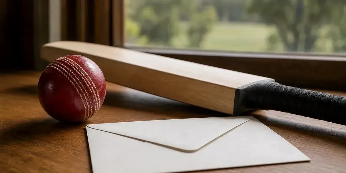 Bate de cricket, pelota y sobre en mesa
