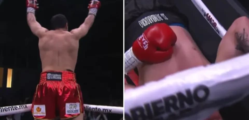 Boxeador celebrando victoria mientras oponente está caído