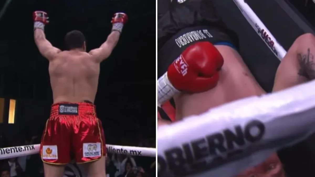 Boxeador celebrando victoria mientras oponente está caído
