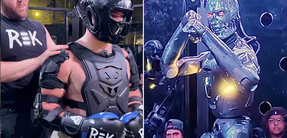 Competitor in gear next to a robotic opponent