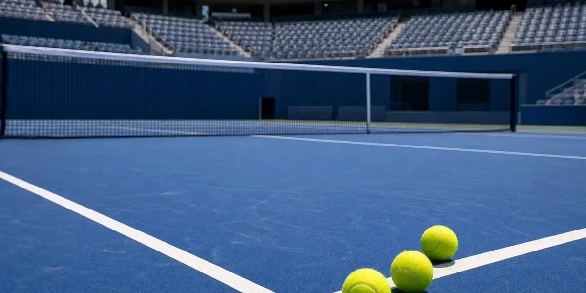 Tres pelotas de tenis en cancha azul vacía