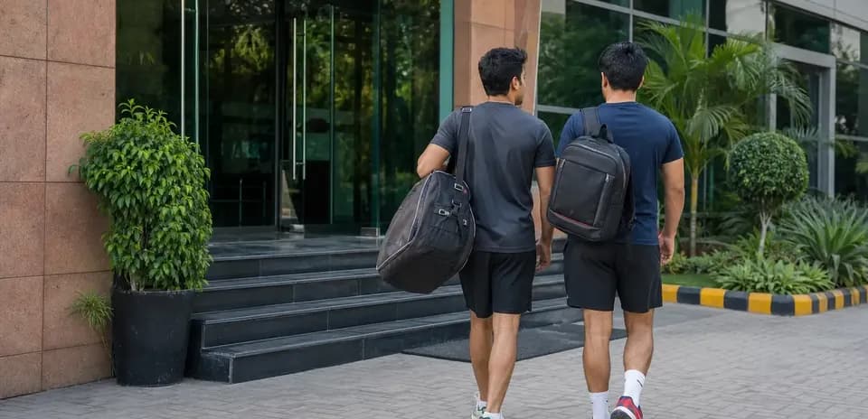 Dos jugadores caminando hacia un edificio deportivo