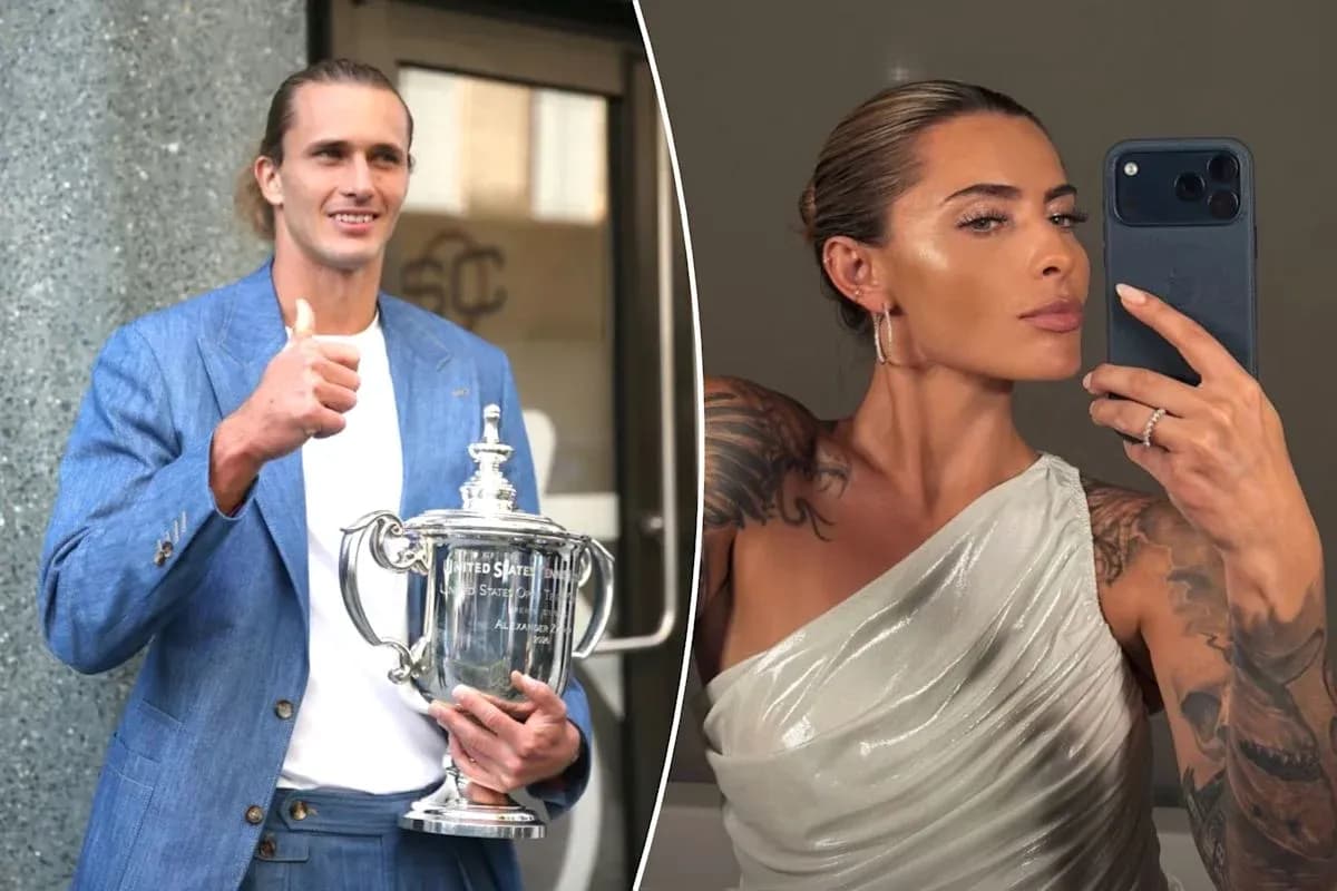 Jugador con trofeo y mujer posando con teléfono