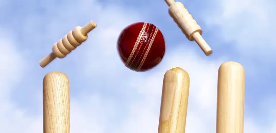 Pelota de cricket en el aire con wickets