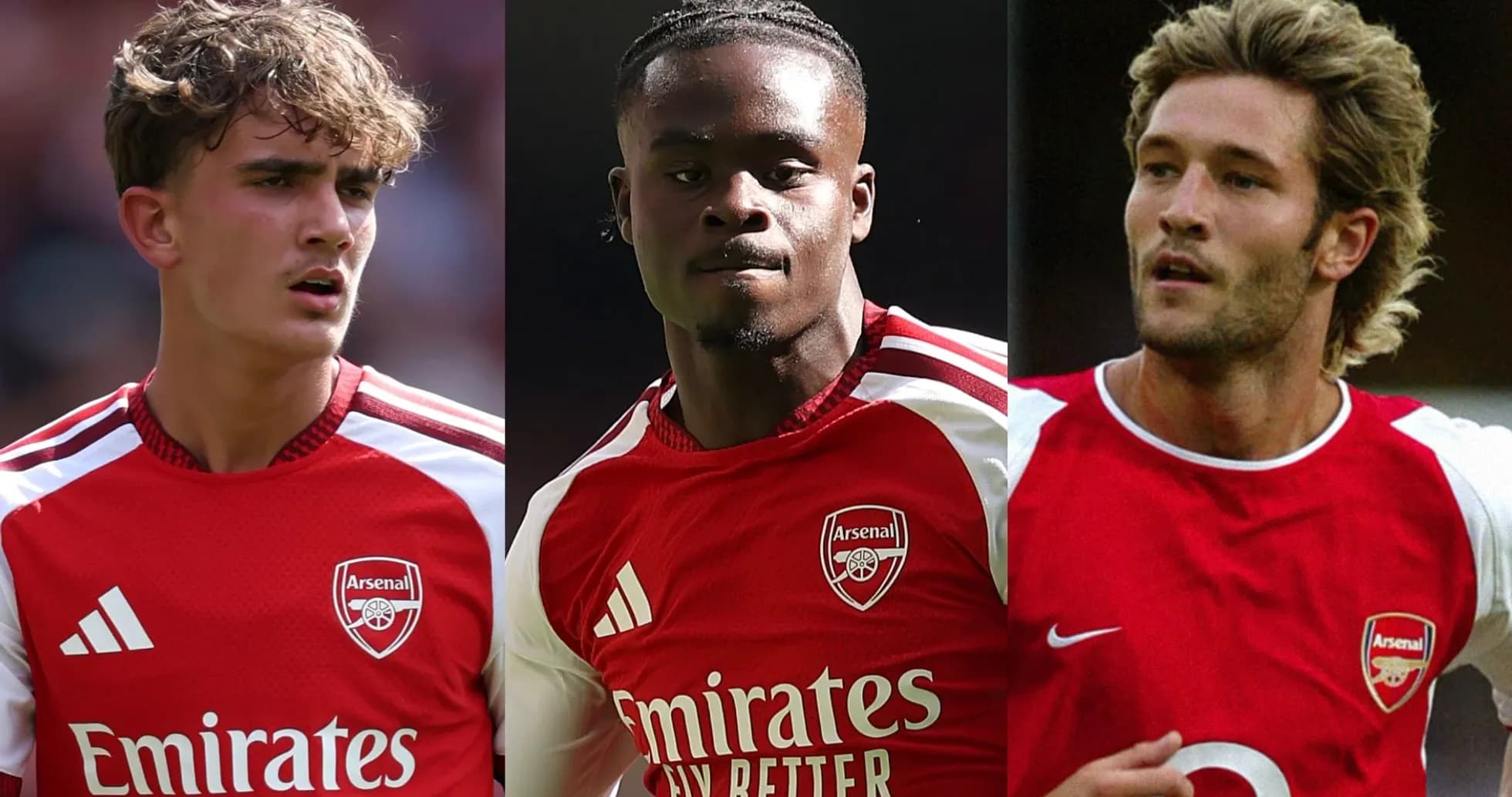 Tres jugadores de Arsenal en uniforme rojo y blanco