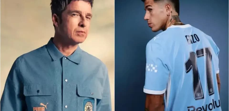 Noel Gallagher y jugador con camiseta de fútbol