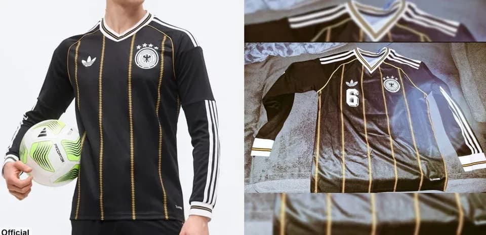 Jugador sosteniendo balón con camiseta negra de Alemania