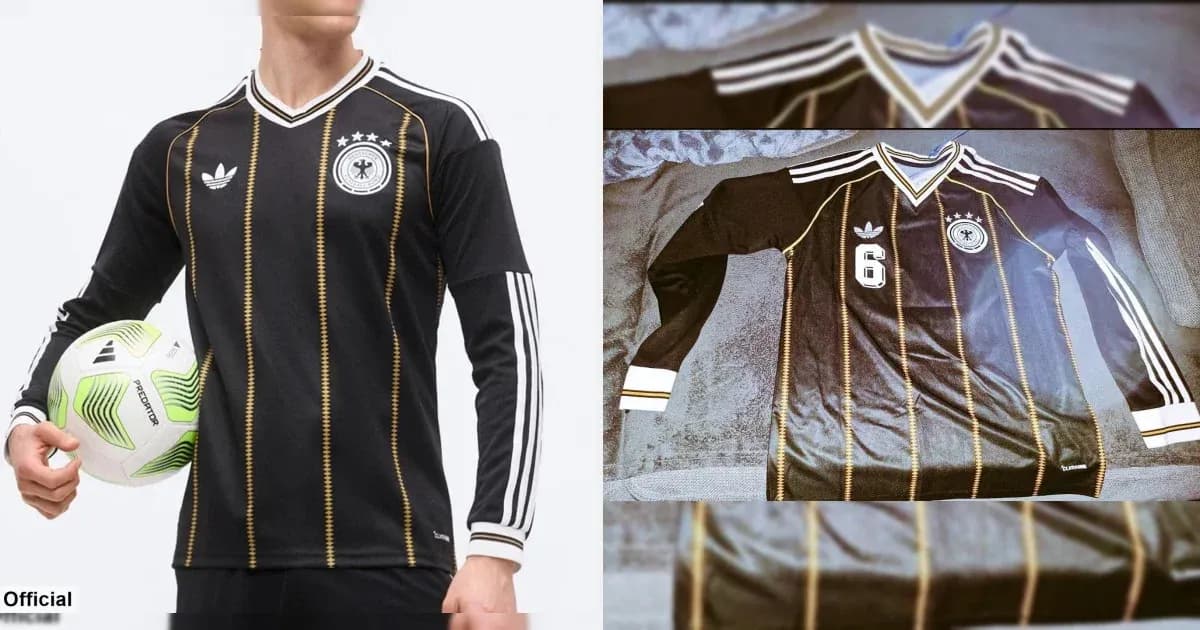 Jugador sosteniendo balón con camiseta negra de Alemania
