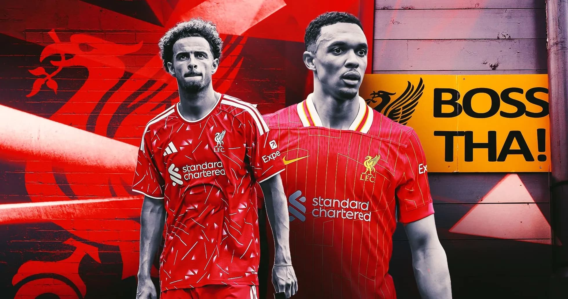 Jugadores de Liverpool en uniforme rojo frente a mural