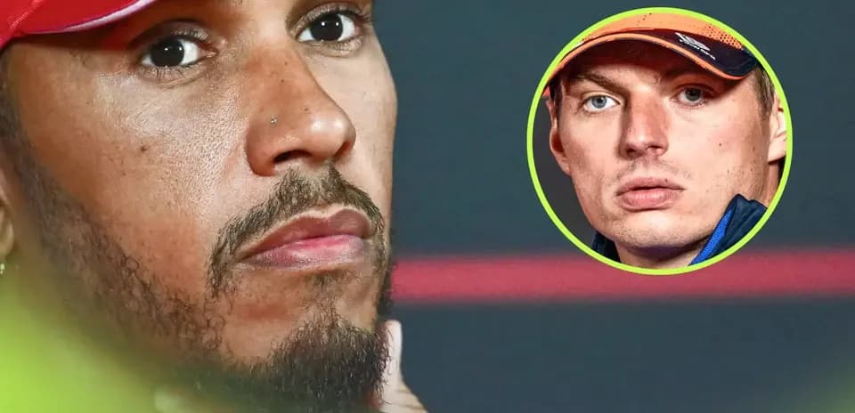 Lewis Hamilton during press conference with Verstappen inset