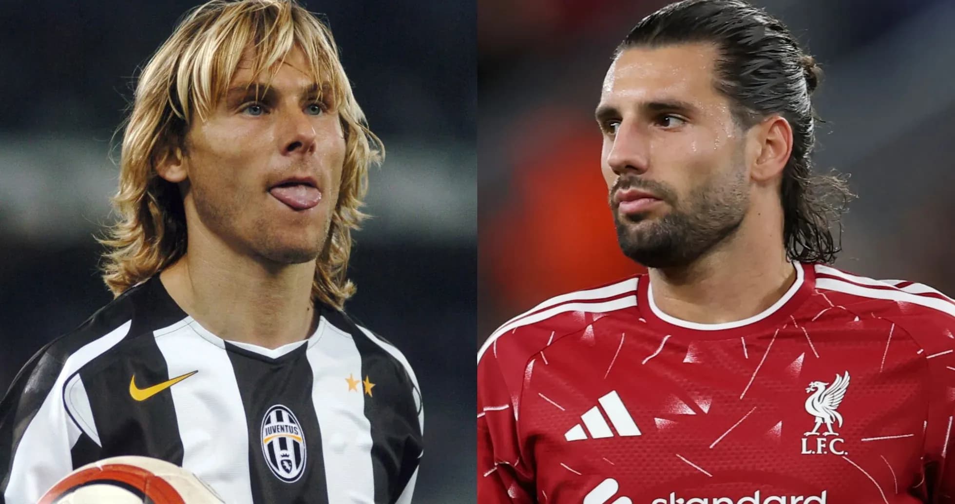 Jugadores de fútbol en uniformes de Juventus y Liverpool