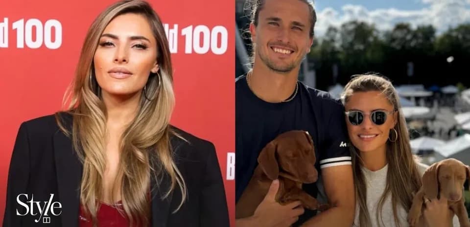 Persona posando en evento y pareja con perros