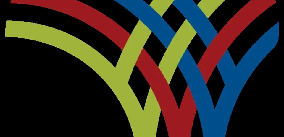 Logotipo abstracto con líneas de colores entrelazadas
