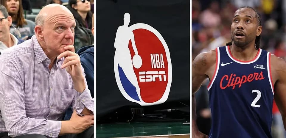 Steve Ballmer, logo de la NBA y Kawhi Leonard en acción