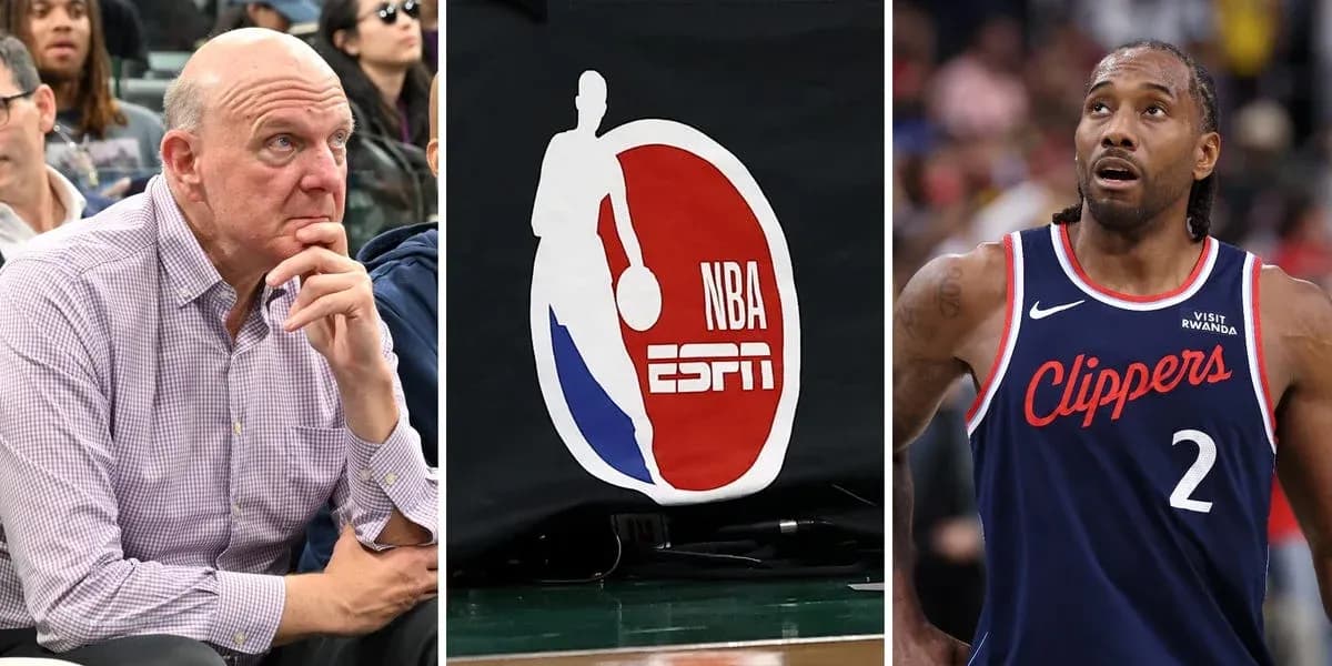 Steve Ballmer, logo de la NBA y Kawhi Leonard en acción