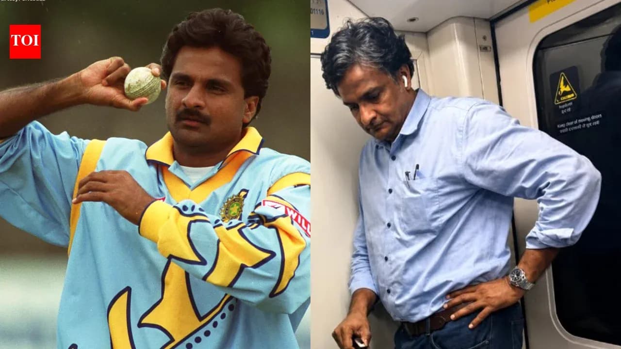 Cricketer holding a ball; man on subway