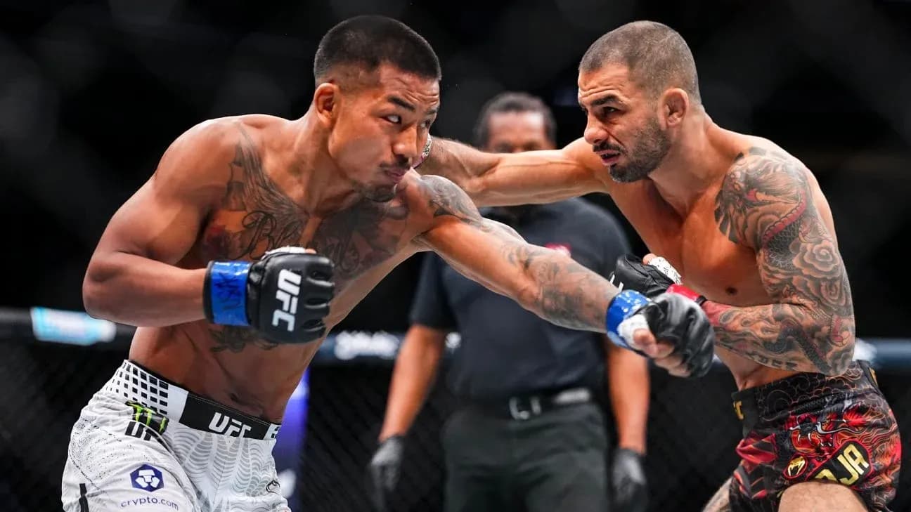 Luchadores de MMA intercambiando golpes en el octágono