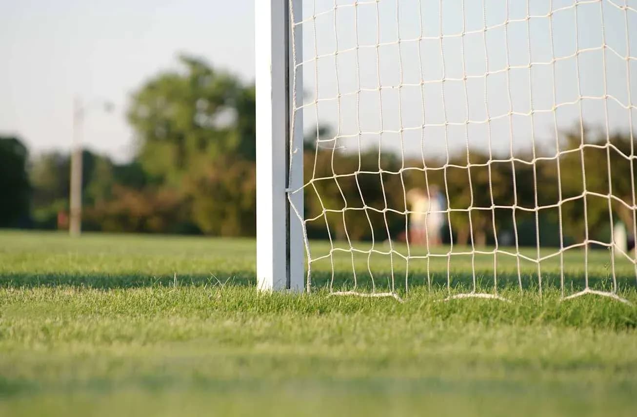 Portería de fútbol en campo verde con red