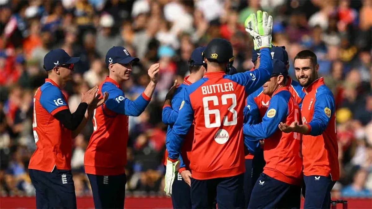 Jugadores de Inglaterra celebrando un wicket en el cricket