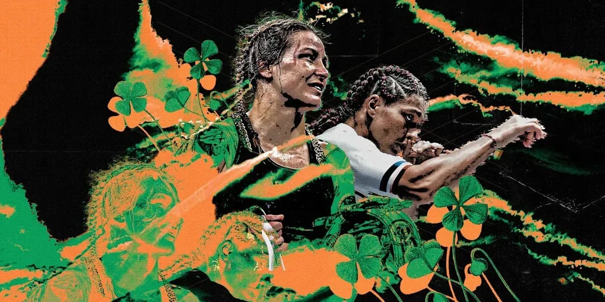 Dos luchadoras en acción con fondo artístico colorido