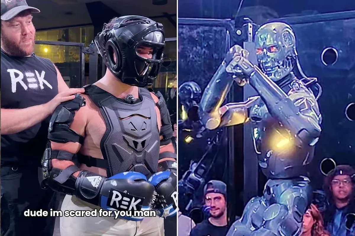 Competitor in gear next to a robotic opponent Competitor in gear next to a robotic opponent