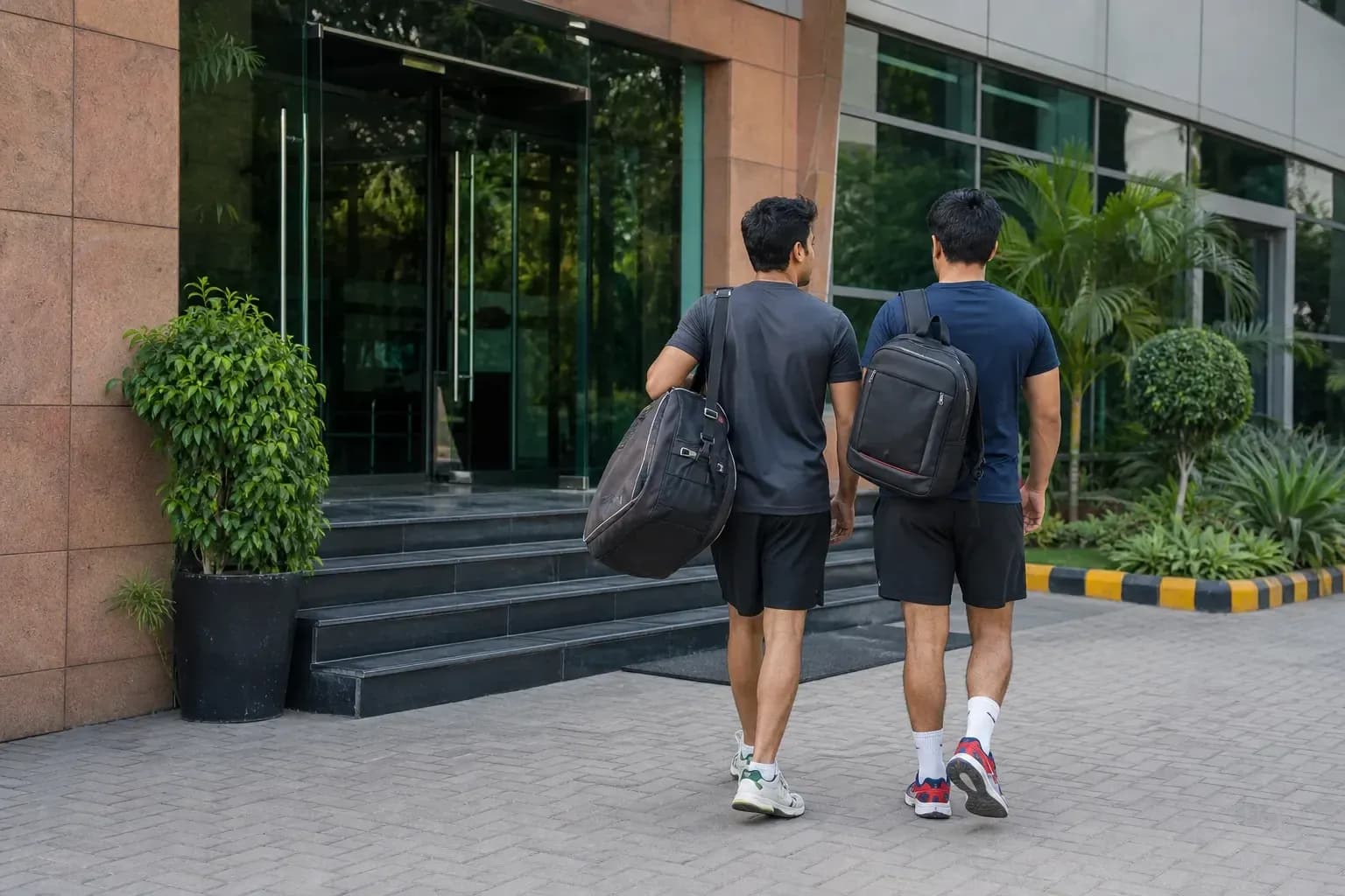 Dos jugadores caminando hacia un edificio deportivo Dos jugadores caminando hacia un edificio deportivo