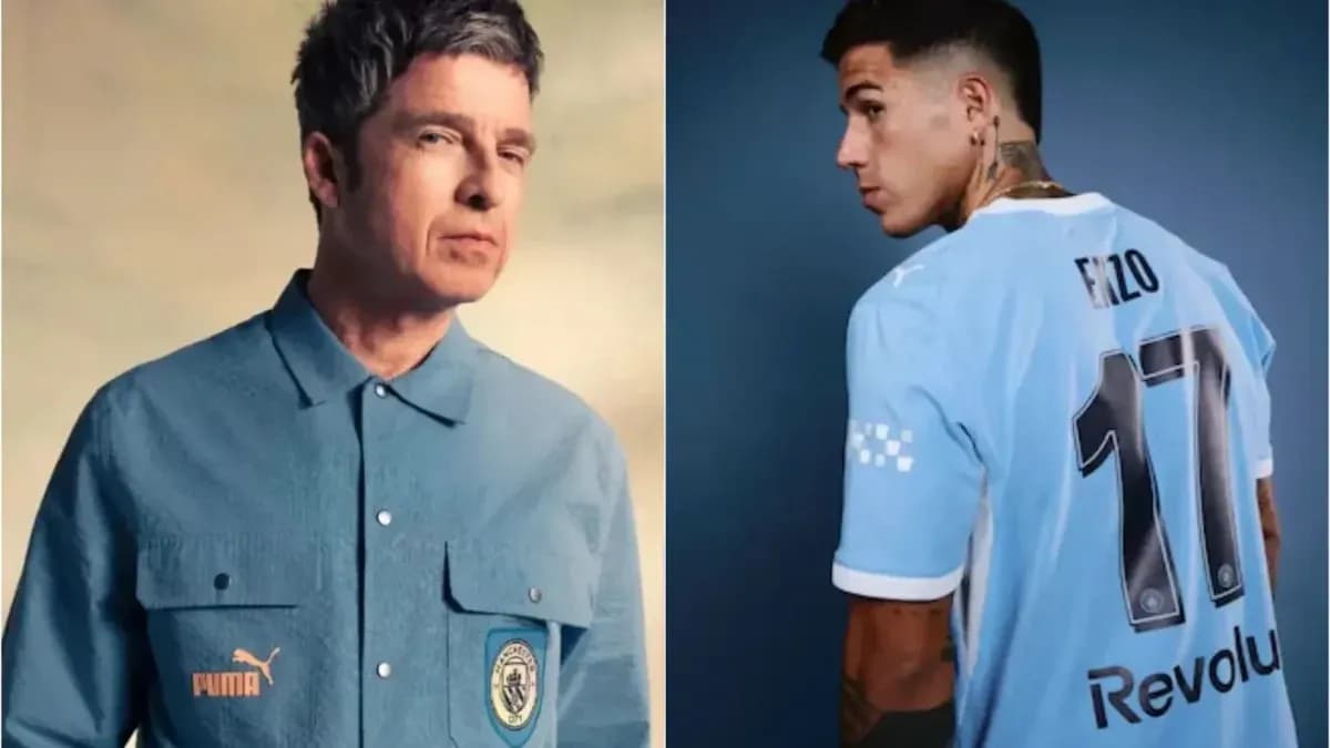 Noel Gallagher y jugador con camiseta de fútbol Noel Gallagher y jugador con camiseta de fútbol