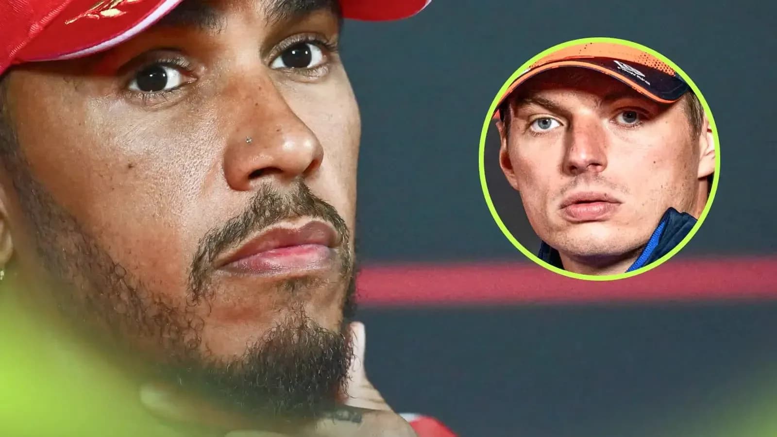 Lewis Hamilton during press conference with Verstappen inset Lewis Hamilton during press conference with Verstappen inset