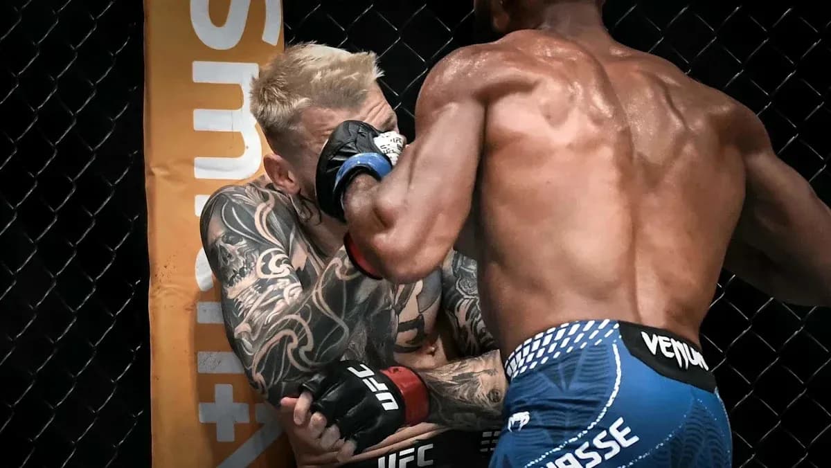 Luchador en acción durante pelea en UFC Luchador en acción durante pelea en UFC